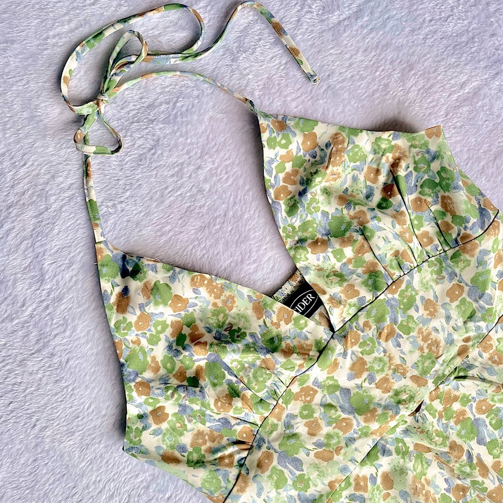**NWOT** CIDER, (Size S) “Bottomless Mimosas” Green Floral Halter Mini Dress - Picture 1 of 10